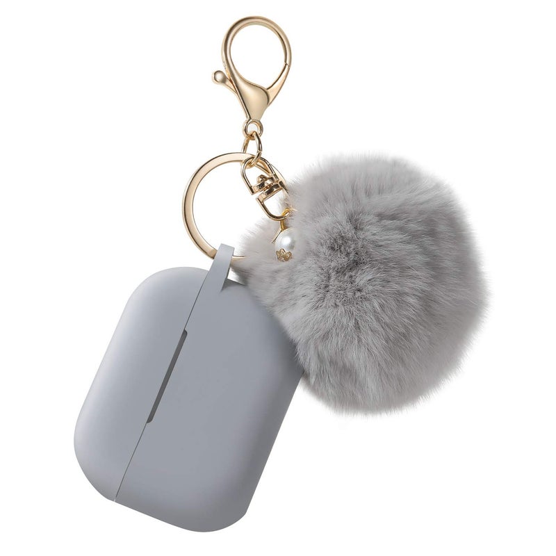 Cypher.V Protective Case Cover for Airpods Pro Charging Case, Upgraded Air Pods Silicone Case Skin with Soft Cute Ball Pom Pom Keychain Kit (A, Grey) - Image 1